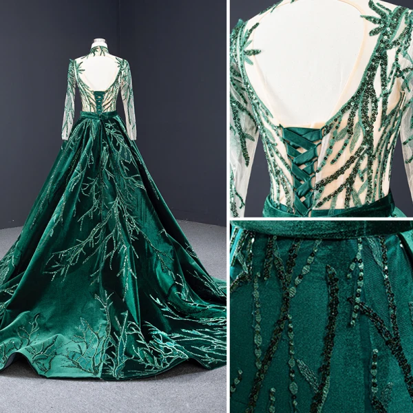 Haut de Gamme Vert Foncé Daim Robe De Soirée 2023 Trompette / Sirène Col Haut Fait main Perlage Paillettes En Dentelle Manches Longues Dos Nu Watteau Train Robe De Ceremonie