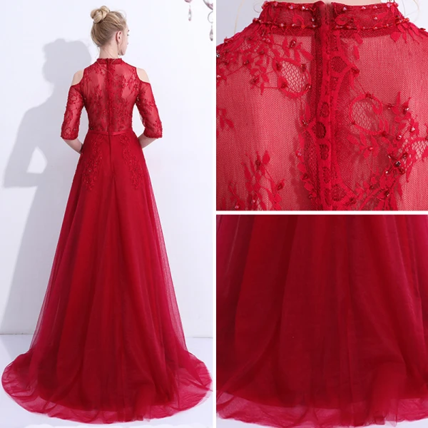 Chic / Belle Bordeaux Robe De Soirée 2018 Princesse En Dentelle Fleur Perlage Cristal Perle Noeud épaules 1/2 Manches Longue Robe De Ceremonie