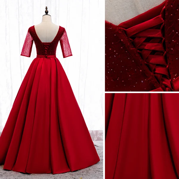 Élégant Rouge Robe De Bal 2020 Princesse V-Cou Noeud Perlage Paillettes 1/2 Manches Dos Nu Longue Robe De Ceremonie