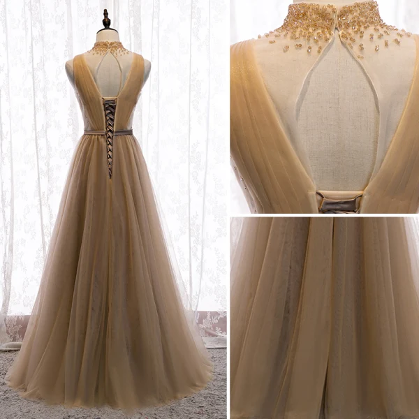 Charming Champagne Evening Dresses 2020 A-Line / Princess High Neck Beading Crystal Sleeveless Backless Floor-Length / Long Formal Dresses