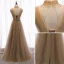 Charming Champagne Evening Dresses  2020 A-Line / Princess High Neck Beading Crystal Sleeveless Backless Floor-Length / Long Formal Dresses