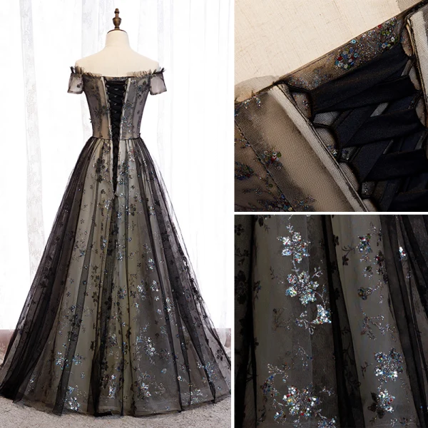 Élégant Noire Robe De Soirée 2020 Princesse De l'épaule Perlage Cristal Paillettes En Dentelle Fleur Manches Courtes Dos Nu Longue Robe De Ceremonie