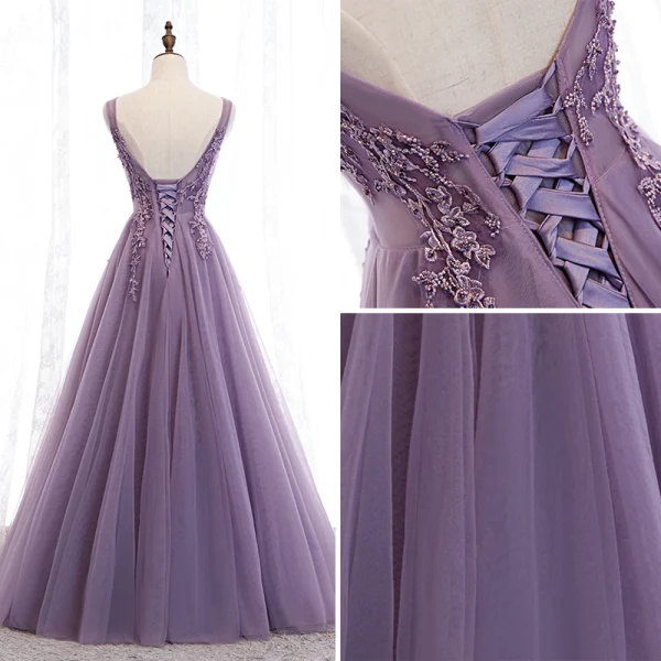 Classy Purple Evening Dresses  2020 A-Line / Princess V-Neck Beading Lace Flower Sleeveless Backless Floor-Length / Long Formal Dresses