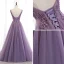 Classy Purple Evening Dresses  2020 A-Line / Princess V-Neck Beading Lace Flower Sleeveless Backless Floor-Length / Long Formal Dresses