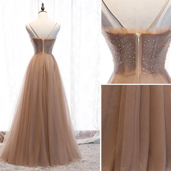 Fashion Champagne Evening Dresses 2020 A-Line / Princess Scoop Neck Beading Crystal Rhinestone Sleeveless Backless Floor-Length / Long Formal Dresses