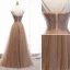 Fashion Champagne Evening Dresses  2020 A-Line / Princess Scoop Neck Beading Crystal Rhinestone Sleeveless Backless Floor-Length / Long Formal Dresses
