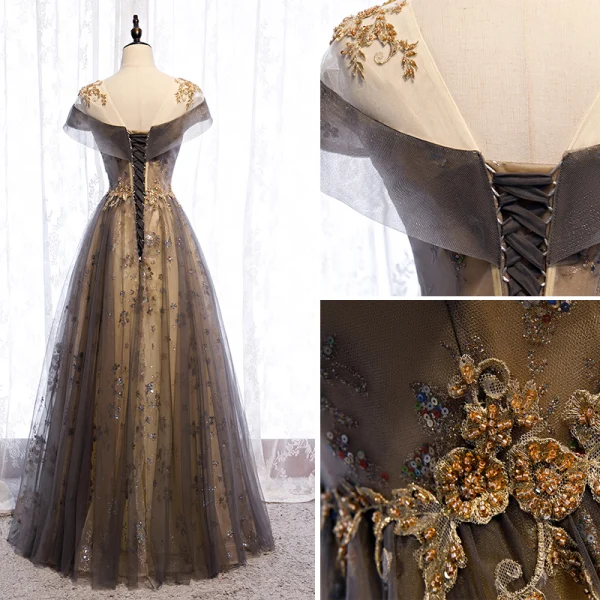 Elegant Champagne Evening Dresses 2020 A-Line / Princess Scoop Neck Beading Sequins Lace Flower Short Sleeve Backless Floor-Length / Long Formal Dresses
