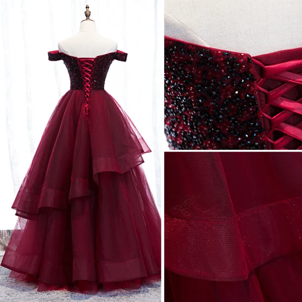Classy Burgundy Evening Dresses 2020 A-Line / Princess Off-The-Shoulder Beading Crystal Short Sleeve Backless Floor-Length / Long Formal Dresses