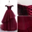 Classy Burgundy Evening Dresses  2020 A-Line / Princess Off-The-Shoulder Beading Crystal Short Sleeve Backless Floor-Length / Long Formal Dresses