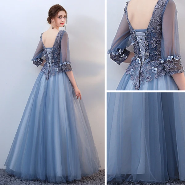 Elegante Blau Ballkleider 2018 A Linie Mit Spitze Blumen Applikationen Perle V-Ausschnitt Rückenfreies 3/4 Ärmel Lange Festliche Kleider