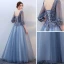 Elegante Blau Ballkleider 2018 A Linie Mit Spitze Blumen Applikationen Perle V-Ausschnitt Rückenfreies 3/4 Ärmel Lange Festliche Kleider