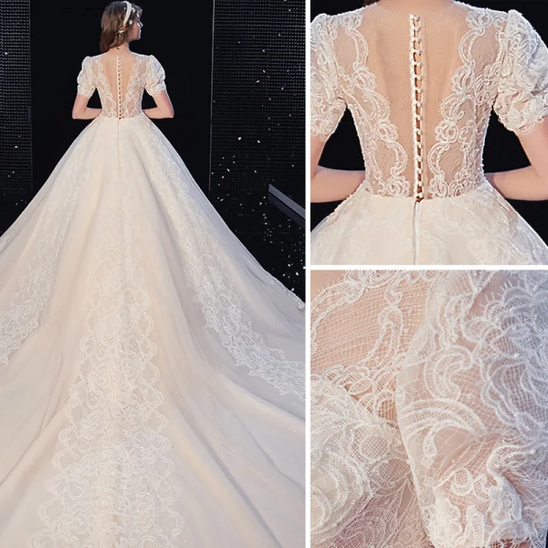 High-end Ivory Lace Flower Wedding Dresses 2020 Ball Gown Scoop Neck Beading Pearl Short Sleeve Covered Button Cathedral Train