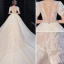 High-end Ivory Lace Flower Wedding Dresses 2020 Ball Gown Scoop Neck Beading Pearl Short Sleeve Covered Button Cathedral Train