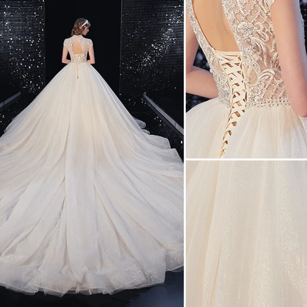Chinese style Ivory Beading Wedding Dresses 2020 Ball Gown Scoop Neck Pearl Rhinestone Short Sleeve Backless Cathedral Train
