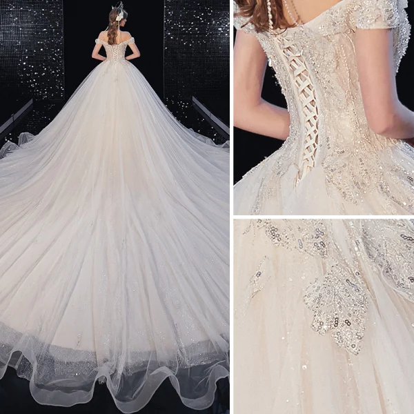 Luxury / Gorgeous Ivory Wedding Dresses 2020 Ball Gown Off-The-Shoulder Beading Rhinestone Sequins Short Sleeve Backless Royal Train