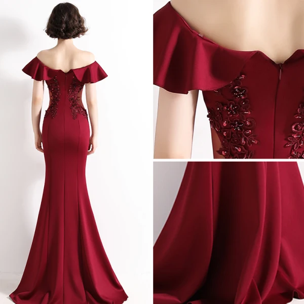 Chic / Beautiful Burgundy Evening Dresses 2020 Trumpet / Mermaid Off-The-Shoulder Beading Lace Flower Short Sleeve Backless Floor-Length / Long Formal Dresses
