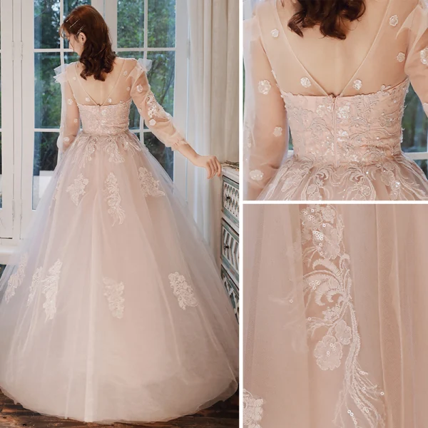 Elegant Pearl Pink Evening Dresses 2020 A-Line / Princess Scoop Neck Beading Sequins Lace Flower Long Sleeve Backless Floor-Length / Long Formal Dresses