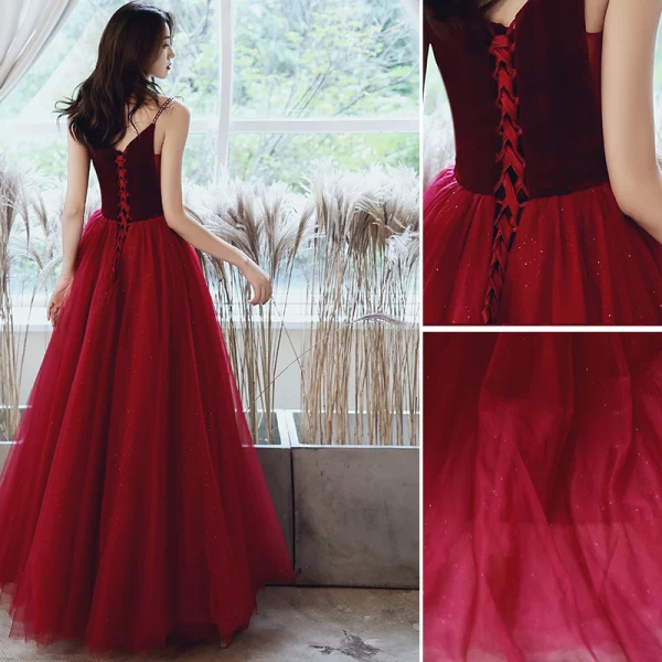 Chic / Beautiful Burgundy Prom Dresses 2020 A-Line / Princess Spaghetti Straps Suede Sleeveless Backless Sequins Floor-Length / Long Formal Dresses