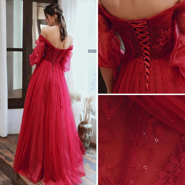 Charmant Bordeaux Robe De Soirée 2020 Princesse De l'épaule Perlage Paillettes En Dentelle Fleur 1/2 Manches Dos Nu Longue Robe De Ceremonie