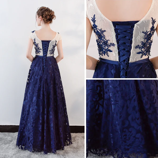 Chic / Beautiful Royal Blue Prom Dresses 2018 A-Line / Princess Beading Crystal Lace Flower Sash Scoop Neck Backless Short Sleeve Floor-Length / Long Formal Dresses