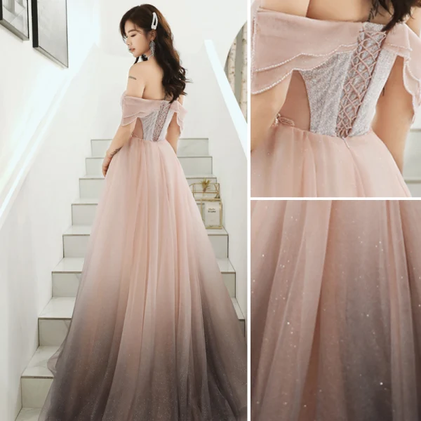 Fashion Blushing Pink Evening Dresses 2020 A-Line / Princess Off-The-Shoulder Beading Sequins Lace Flower Sleeveless Backless Sweep Train Formal Dresses