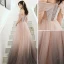 Fashion Blushing Pink Evening Dresses  2020 A-Line / Princess Off-The-Shoulder Beading Sequins Lace Flower Sleeveless Backless Sweep Train Formal Dresses