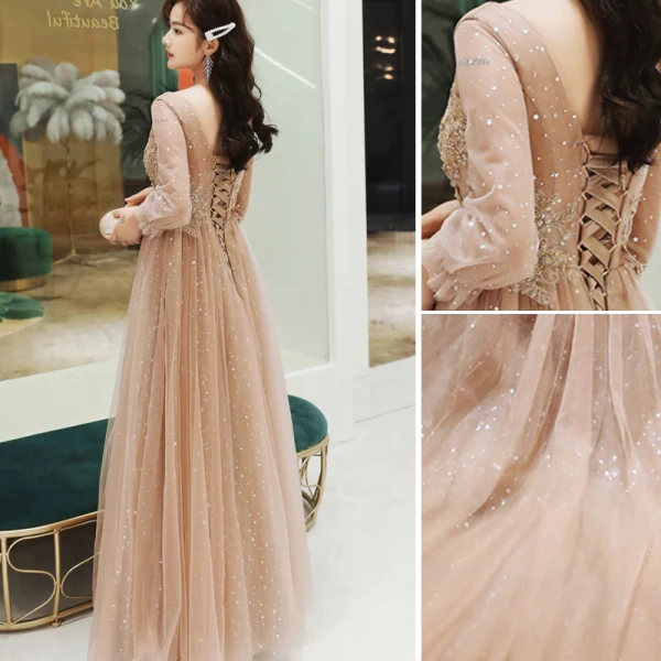 Eleganta Champagne Aftonklänningar 2020 Prinsessa V-Hals Beading Stjärna Paljetter Spets Blomma Långärmad Halterneck Långa Formella Klänningar
