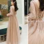 Eleganta Champagne Aftonklänningar 2020 Prinsessa V-Hals Beading Stjärna Paljetter Spets Blomma Långärmad Halterneck Långa Formella Klänningar