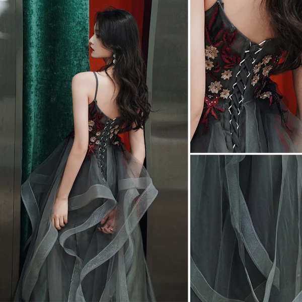 Chic / Belle Noire Robe De Bal 2020 Princesse Bretelles Spaghetti Perlage En Dentelle Fleur Sans Manches Dos Nu Longue Robe De Ceremonie