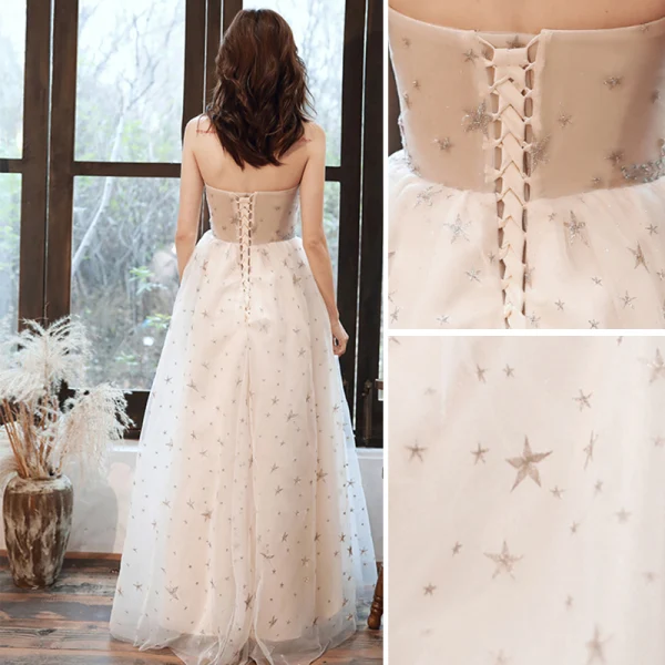 Fashion Champagne Evening Dresses  2020 A-Line / Princess Strapless Beading Star Lace Flower Sleeveless Backless Floor-Length / Long Formal Dresses