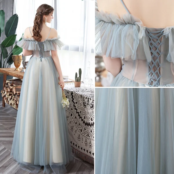 Abordable Bleu Ciel Transparentes Robe De Bal 2020 Princesse Volants Bretelles Spaghetti Appliques Sans Manches Dos Nu Longue Robe De Ceremonie