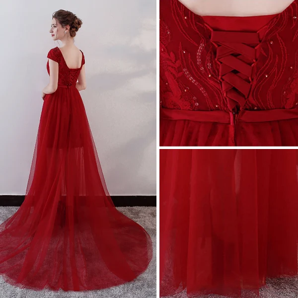 Chic / Belle Bordeaux Robe De Soirée 2018 Princesse En Dentelle Fleur Cristal Noeud V-Cou Dos Nu Manches Courtes Train De Balayage Robe De Ceremonie