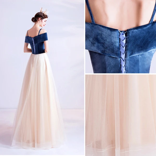 Elegant Navy Blue Prom Dresses 2020 A-Line / Princess Suede Spaghetti Straps Beading Sequins Lace Flower Short Sleeve Backless Floor-Length / Long Formal Dresses
