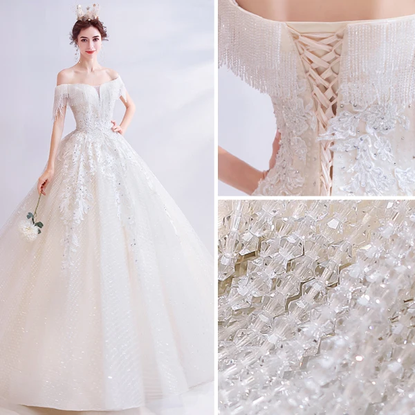 Charmant Ivory / Creme Brautkleider / Hochzeitskleider 2020 Ballkleid Off Shoulder Perlenstickerei Kristall Quaste Pailletten Spitze Blumen Kurze Ärmel Rückenfreies Lange