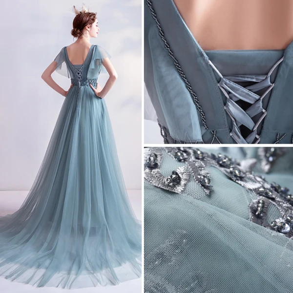 Élégant Bleu D'encre Robe De Bal 2020 Princesse V-Cou Perlage Paillettes En Dentelle Fleur Manches Courtes Dos Nu Train De Balayage Robe De Ceremonie