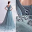 Élégant Bleu D'encre Robe De Bal 2020 Princesse V-Cou Perlage Paillettes En Dentelle Fleur Manches Courtes Dos Nu Train De Balayage Robe De Ceremonie