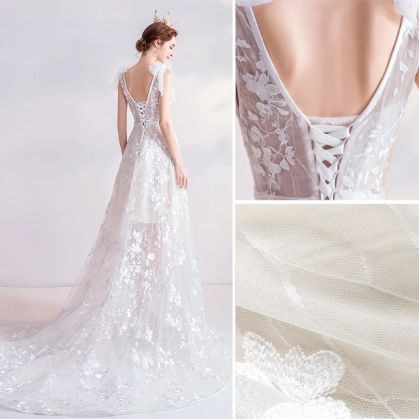 Erschwinglich Ivory / Creme Strand Brautkleider / Hochzeitskleider 2020 A Linie V-Ausschnitt Schleife Spitze Blumen Ärmellos Rückenfreies Hof-Schleppe