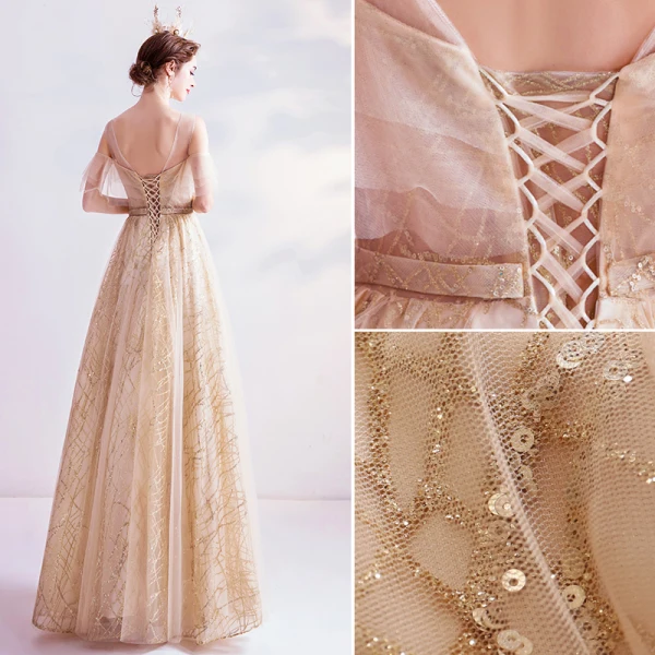 Charmant Doré Robe De Bal 2020 Princesse Encolure Dégagée Perlage Cristal Gland Paillettes Manches Courtes Dos Nu Longue Robe De Ceremonie