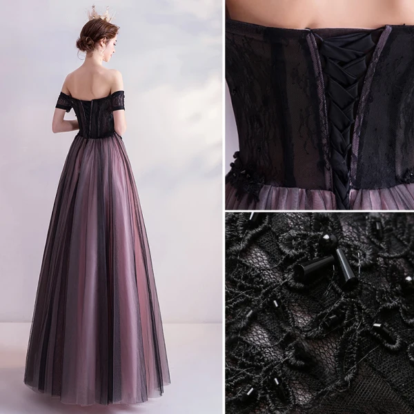 Charming Black Prom Dresses 2020 A-Line / Princess Off-The-Shoulder Crystal Lace Flower Short Sleeve Backless Floor-Length / Long Formal Dresses