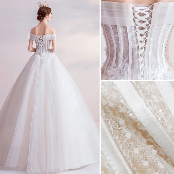 Affordable Ivory Wedding Dresses 2020 Ball Gown Off-The-Shoulder Crystal Lace Flower Appliques Sleeveless Backless Floor-Length / Long