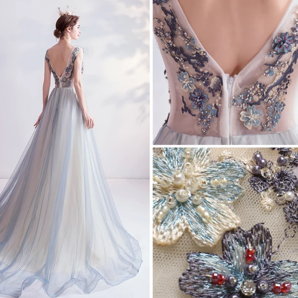 Élégant Bleu Ciel Robe De Bal 2020 Princesse V-Cou Perlage Faux Diamant En Dentelle Fleur Sans Manches Dos Nu Train De Balayage Robe De Ceremonie