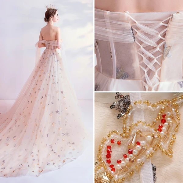 Fashion White Prom Dresses 2020 A-Line / Princess Off-The-Shoulder Beading Pearl Star Sequins Sleeveless Backless Chapel Train Formal Dresses