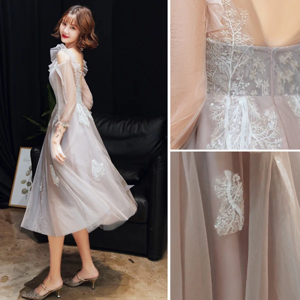 Classy Grey Homecoming Graduation Dresses 2020 A-Line / Princess Scoop Neck Lace Flower 1/2 Sleeves Backless Tea-length Formal Dresses