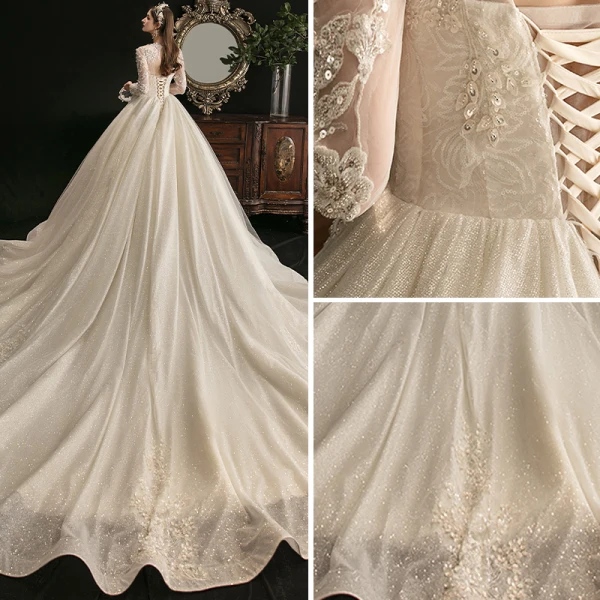 Charming Champagne Ball Gown Glitter Wedding Dresses 2020 Scoop Neck Beading Sequins Lace Flower 3/4 Sleeve Backless Cathedral Train