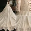 Charming Champagne Ball Gown Glitter Wedding Dresses 2020 Scoop Neck Beading Sequins Lace Flower 3/4 Sleeve Backless Cathedral Train