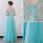 Chic / Beautiful Pool Blue Evening Dresses  2018 A-Line / Princess Lace Flower Appliques Beading Bow Scoop Neck Backless Sleeveless Floor-Length / Long Formal Dresses