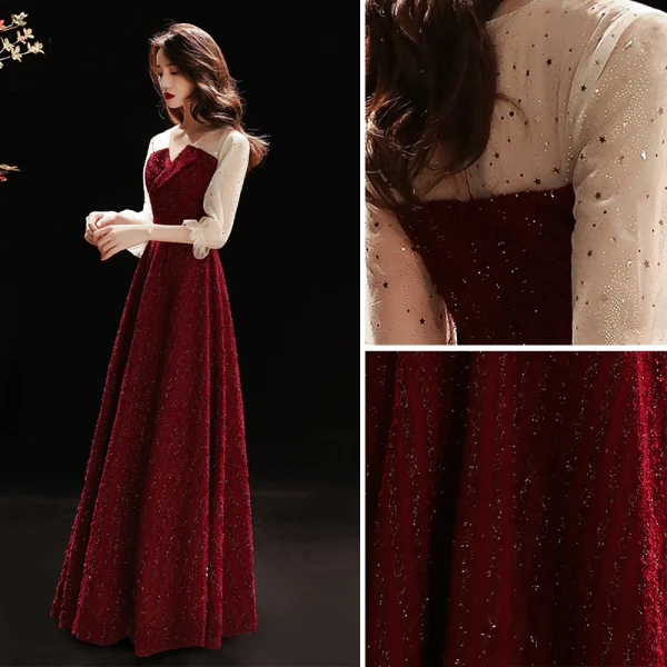 Fashion Burgundy Evening Dresses 2020 A-Line / Princess V-Neck Glitter Beading Star Sequins 3/4 Sleeve Floor-Length / Long Formal Dresses