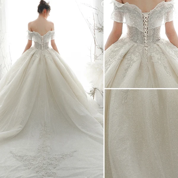 Luxury / Gorgeous Ivory Wedding Dresses 2020 Ball Gown Off-The-Shoulder Beading Glitter Sequins Pearl Lace Flower Short Sleeve Backless Royal Train