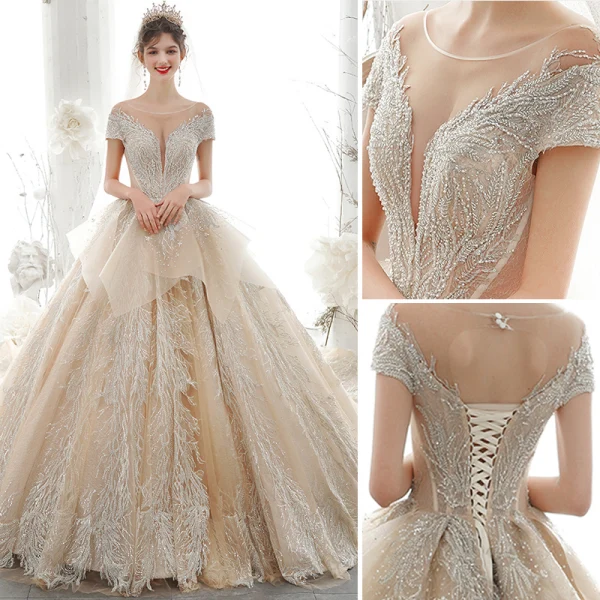 Luxury / Gorgeous High-end Champagne Wedding Dresses 2020 Ball Gown Beading Pearl Rhinestone Lace Flower Scoop Neck Short Sleeve Backless Royal Train