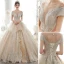 Luxury / Gorgeous High-end Champagne Wedding Dresses 2020 Ball Gown Beading Pearl Rhinestone Lace Flower Scoop Neck Short Sleeve Backless Royal Train